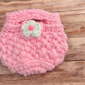 Handmade Pink Crochet Mini Purse White Flower Accent